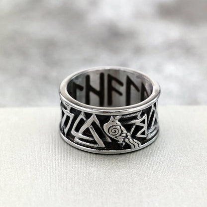 Vintage Stainless Steel Viking Rune Crow Carved Ring for Men