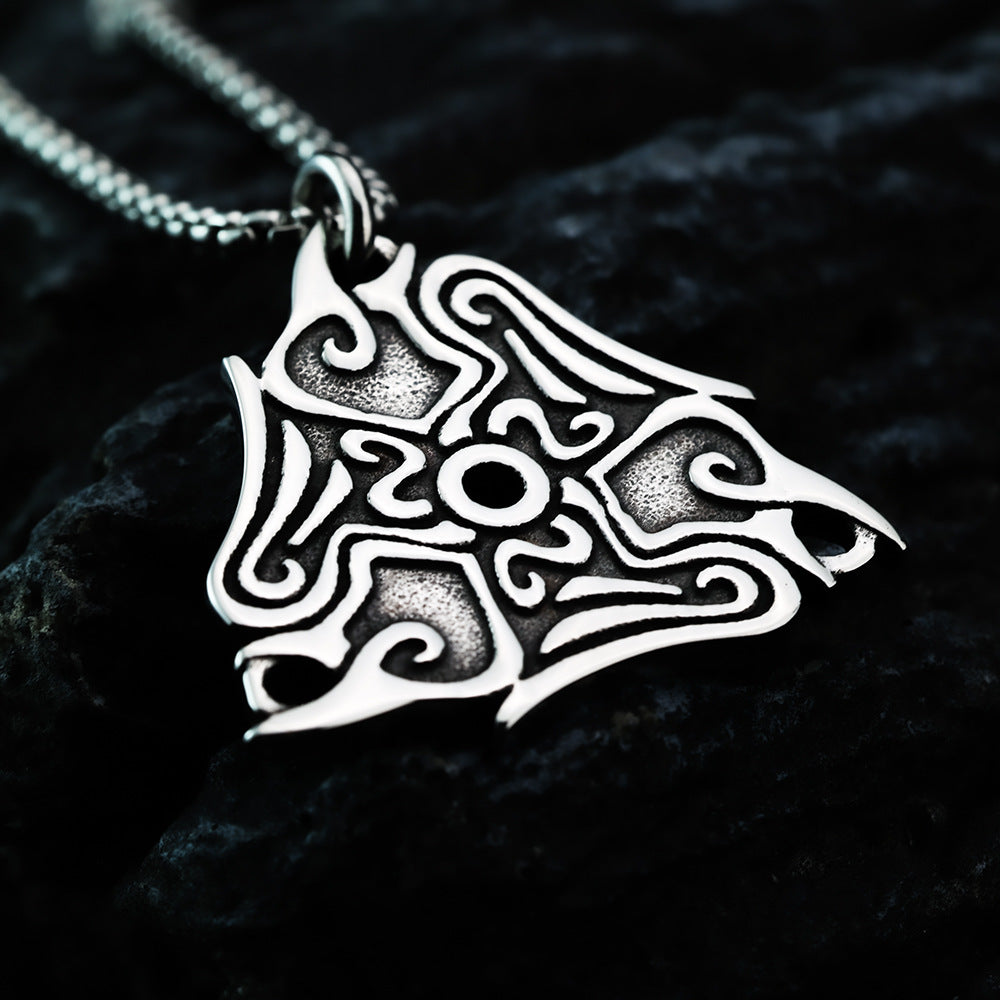 Vintage Antique Oxidized Stainless Steel Men's Norse Viking Swirl Pattern Triangle Hollow Totem Pendant Necklace