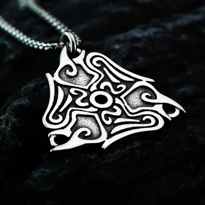 Vintage Antique Oxidized Stainless Steel Men's Norse Viking Swirl Pattern Triangle Hollow Totem Pendant Necklace