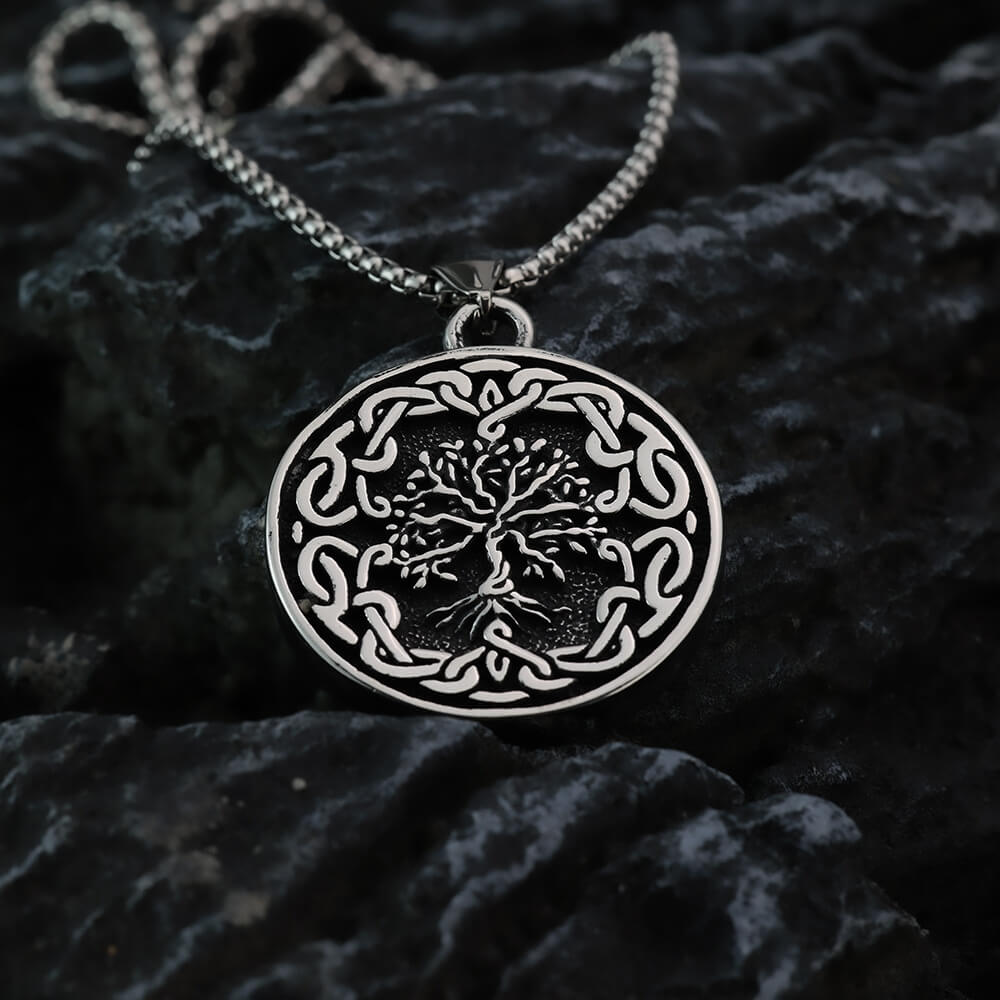 Men's Steel Viking Tree of Life Round Retro Hip Hop Jewelry Pendant Necklace