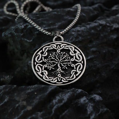 Men's Steel Viking Tree of Life Round Retro Hip Hop Jewelry Pendant Necklace