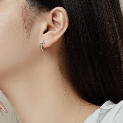 Women's Blue Zirconia Cross Hoop Earrings, S925 with White Gold Plating
