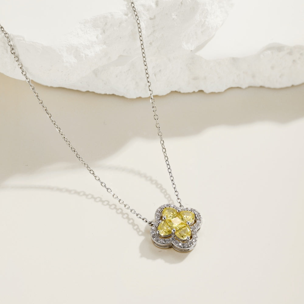 Women's Clover Pendant Necklace, D‑Shape Yellow Sapphire, S925 with White Gold Plating