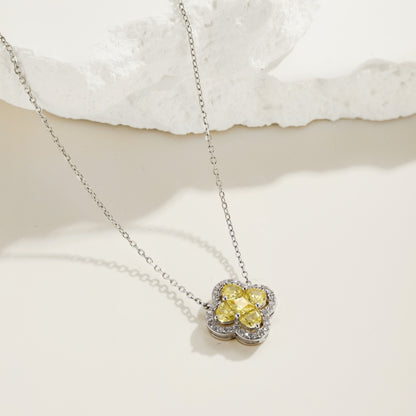 Women's Clover Pendant Necklace, D‑Shape Yellow Sapphire, S925 with White Gold Plating