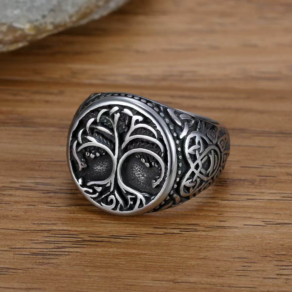 Vintage Nordic Stainless Steel Viking Tree of Life Celtic Knot Round Ring for Men