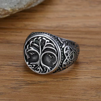 Vintage Nordic Stainless Steel Viking Tree of Life Celtic Knot Round Ring for Men