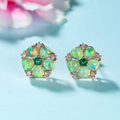 Women's Flower‑Shape Stud Earrings, Opal With Zirconia Inlay, White Gold Plating