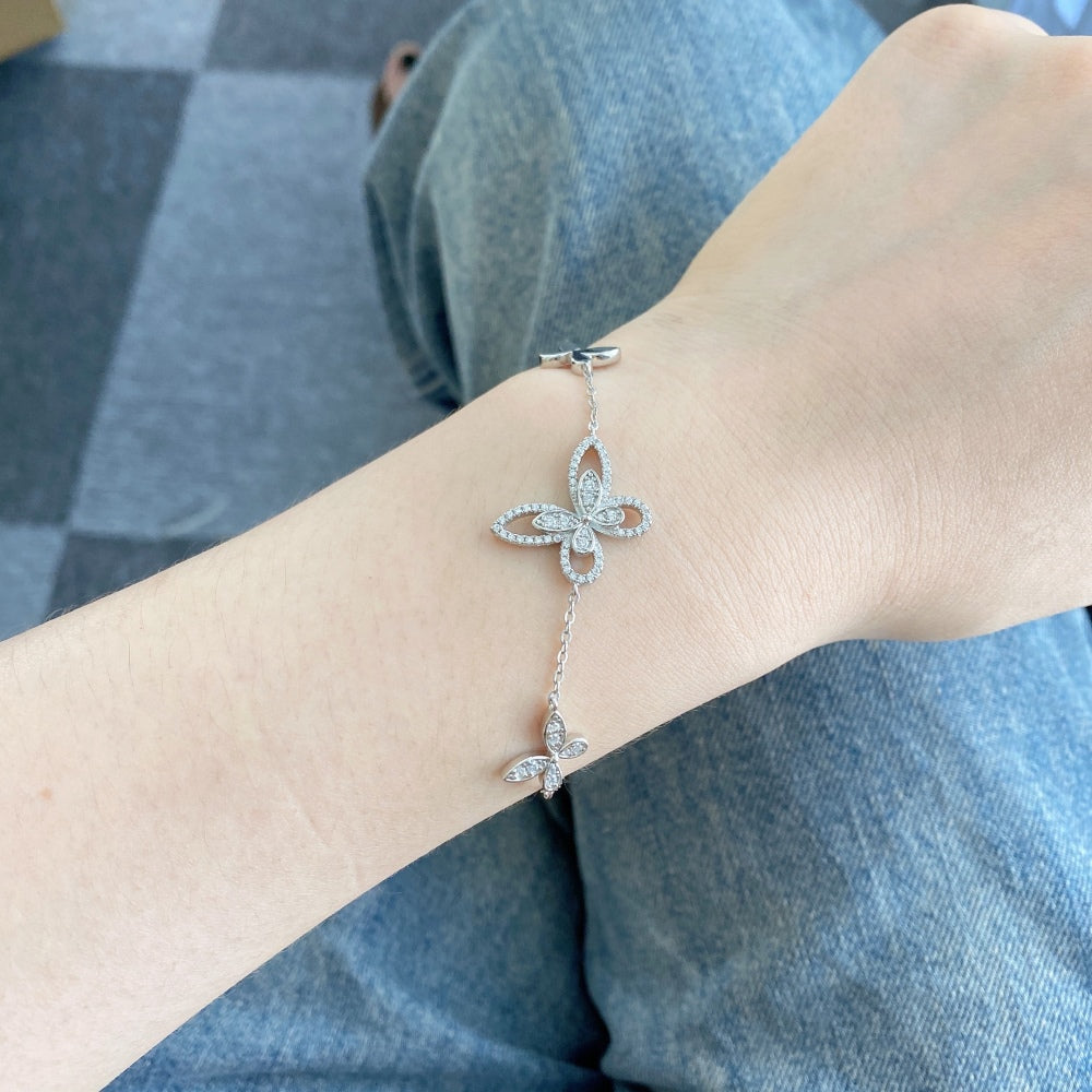 Women's Adjustable Bracelet, Butterfly Shape Paved Zirconia Inlay, S925 with White Gold Plating