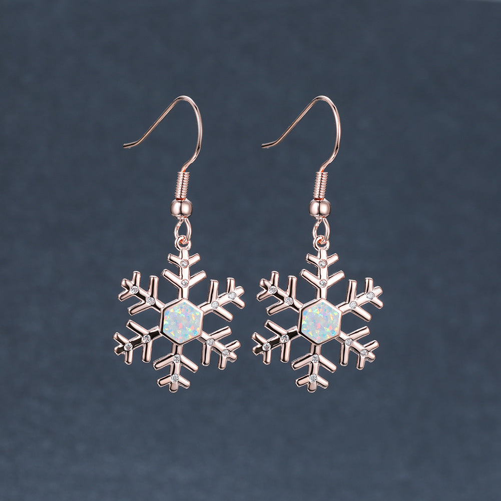 Women's Snowflake Hexagon Blue Opal & Zirconia Dangle Hook Earrings