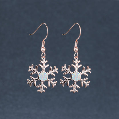 Women's Snowflake Hexagon Blue Opal & Zirconia Dangle Hook Earrings