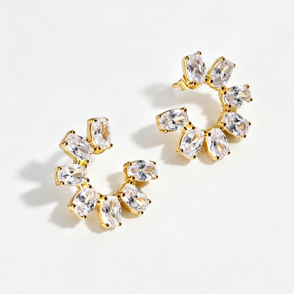 Women's Sunflower Hoop Earrings, Paved Oval Zirconia, S925 with 18K Gold Plating