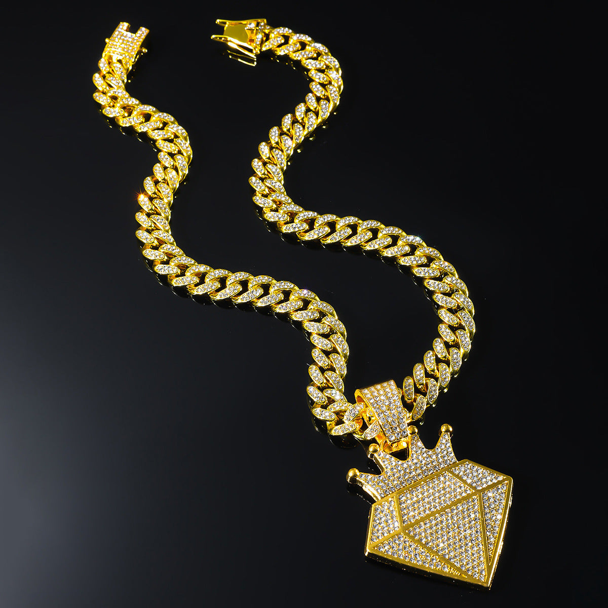 Hip-Hop Crown Diamond-Shaped Cuban Chain Pendant Necklace