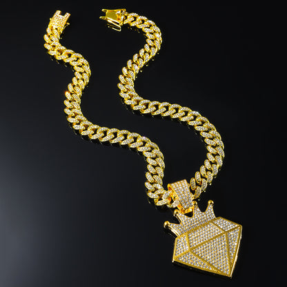 Hip-Hop Crown Diamond-Shaped Cuban Chain Pendant Necklace
