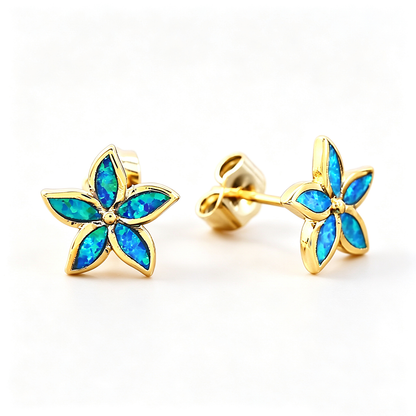 Women's Five‑Petal Flower Stud Earrings Inlaid With White & Blue Opal, with Gold Plating / with White Gold Plating