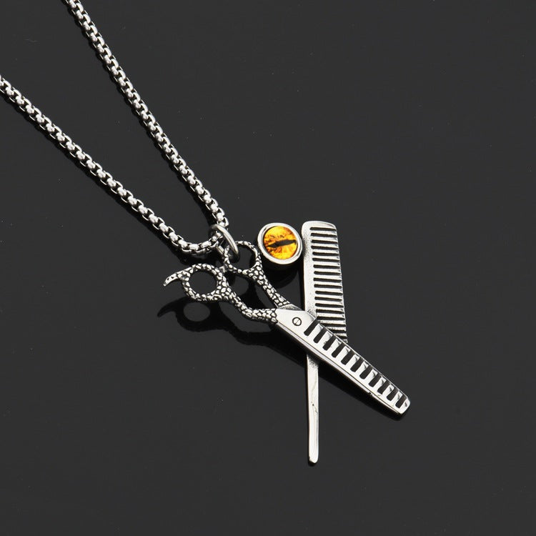 Men's Steel Scissors Comb Evil Eye Pendant Necklace