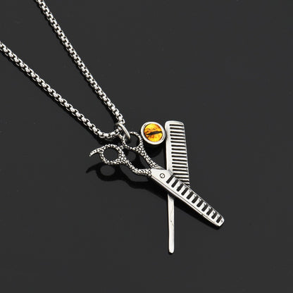 Men's Steel Scissors Comb Evil Eye Pendant Necklace