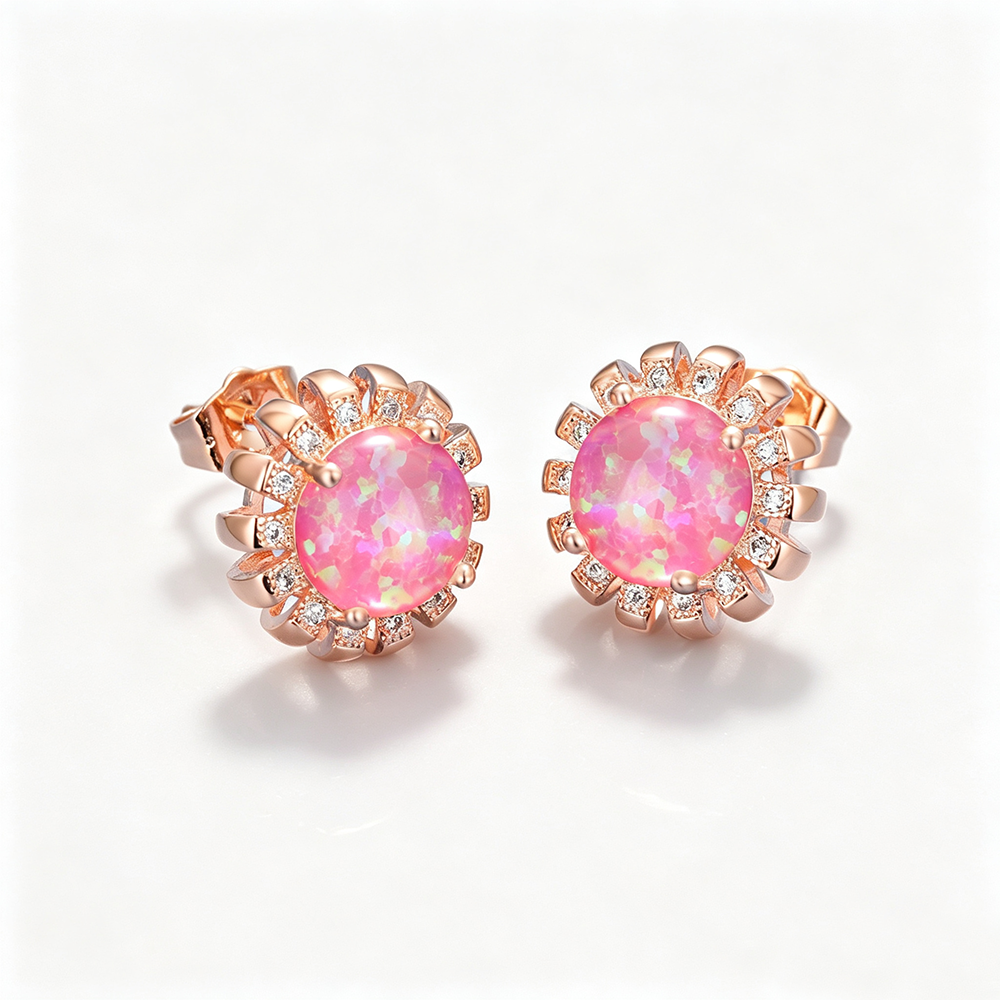 Women's Sunflower‑Shape Round Multi‑Color Opal With Zirconia Accent Stud Earrings, with Rose Gold Plating