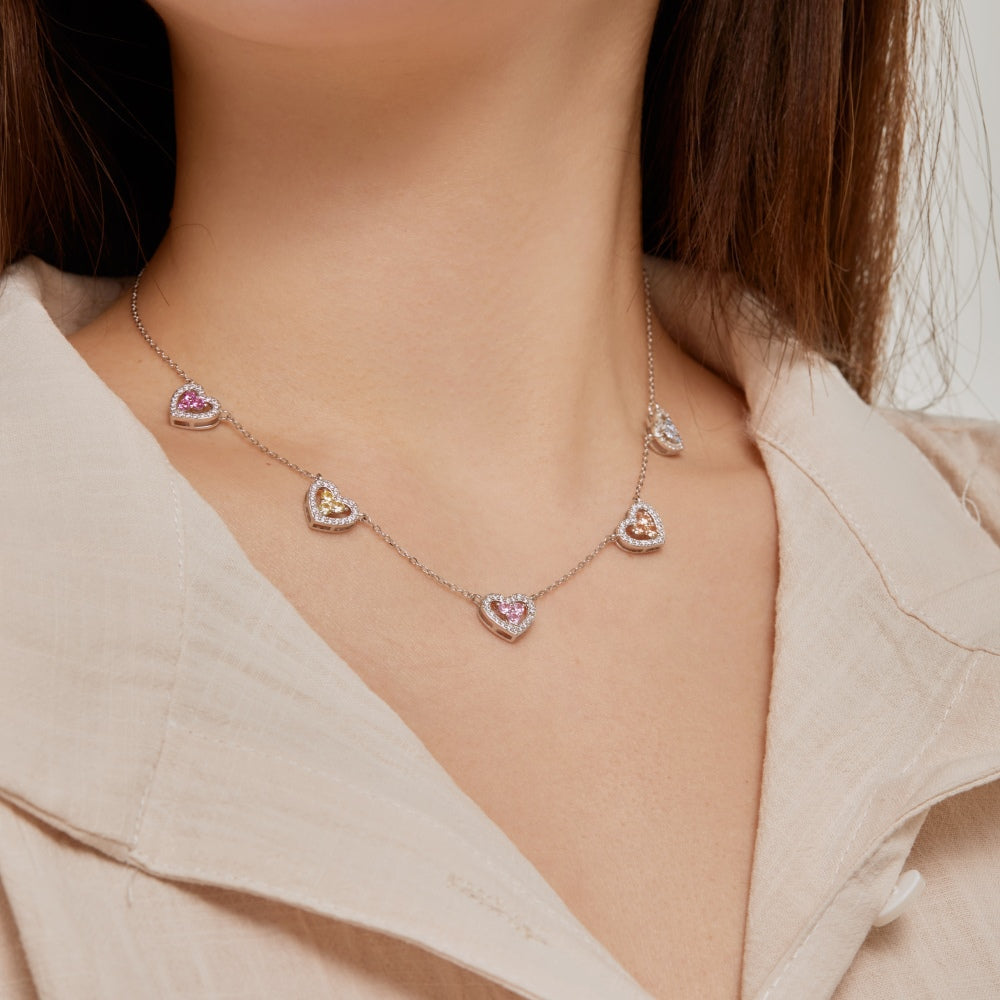 Women's Multi‑Pendant Necklace, Hollow Heart Design Inlaid Multicolor Sapphire, S925 with White Gold Plating