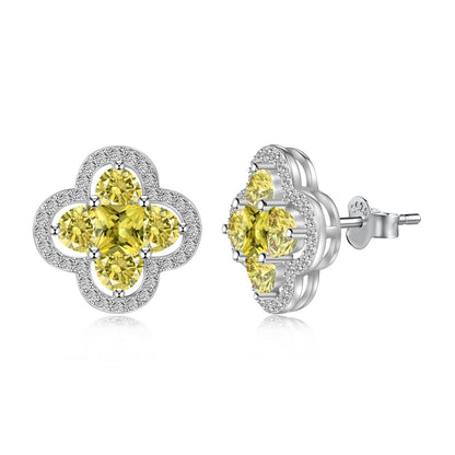 Women's Clover Halo Stud Earrings, Heart‑Shape Yellow Sapphire, S925 with White Gold Plating