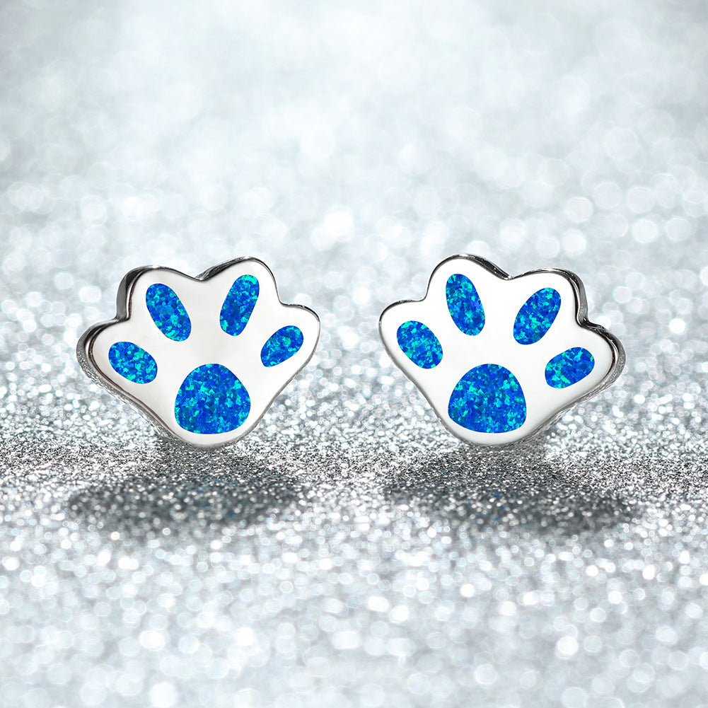 Women's Paw‑Shape Blue / White Opal Stud Earrings, with Rose Gold Plating / White Gold Plating