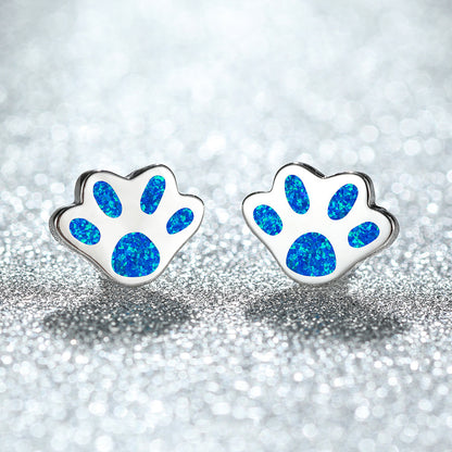 Women's Paw‑Shape Blue / White Opal Stud Earrings, with Rose Gold Plating / White Gold Plating