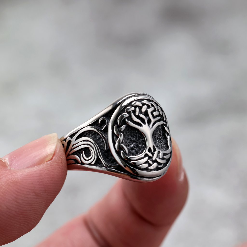 Vintage Solid Stainless Steel 3D Carved Viking Tree of Life Round Ring for Men