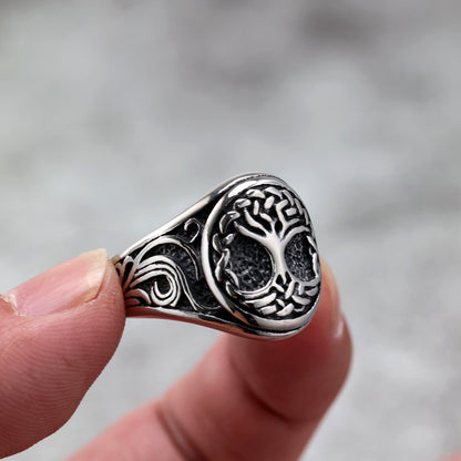 Vintage Solid Stainless Steel 3D Carved Viking Tree of Life Round Ring for Men
