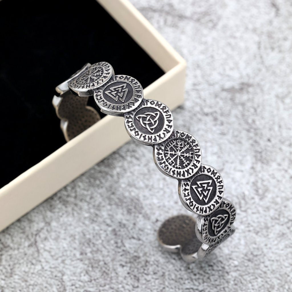 Nordic Pirate Retro Viking Rune Symbols Open C Bracelet for Men, Vintage Stainless Steel Cuff Bangle