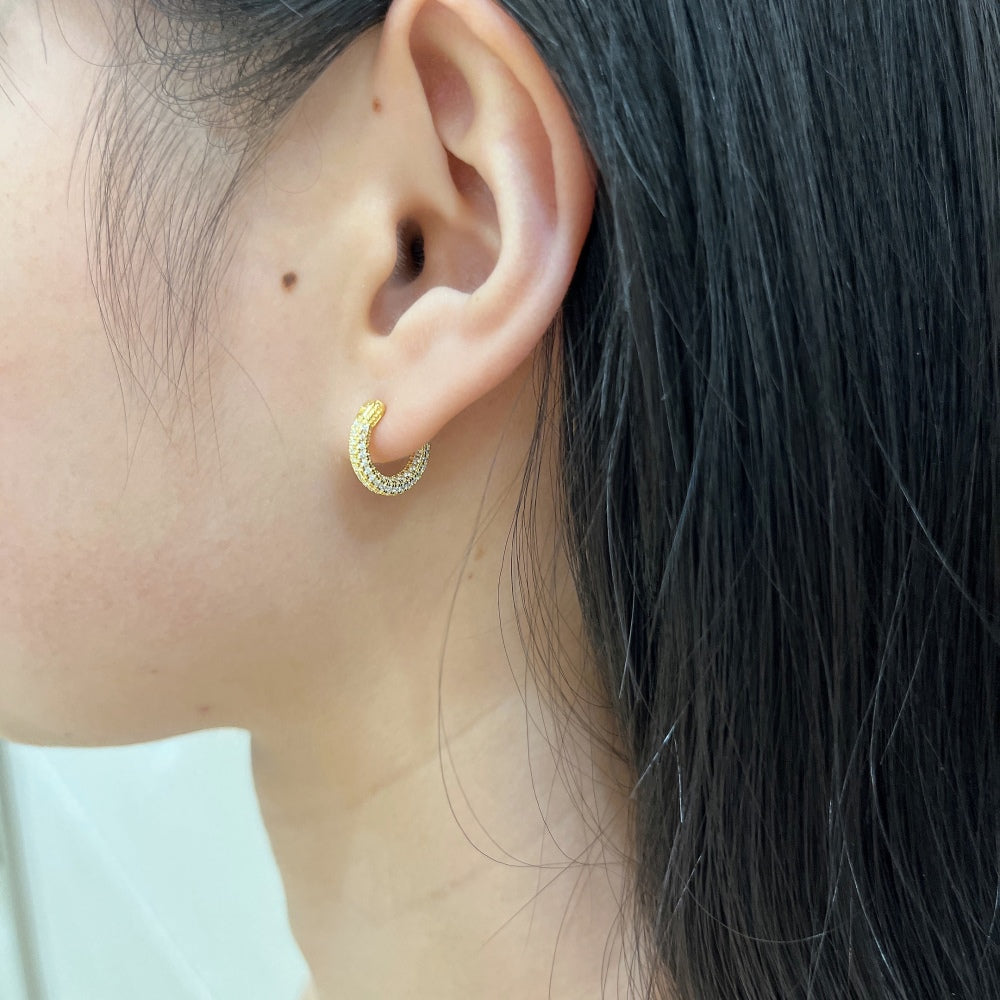 Women's High‑end Versatile Round Huggie Earrings, Full Paved Zirconia, S925 with Gold Plating