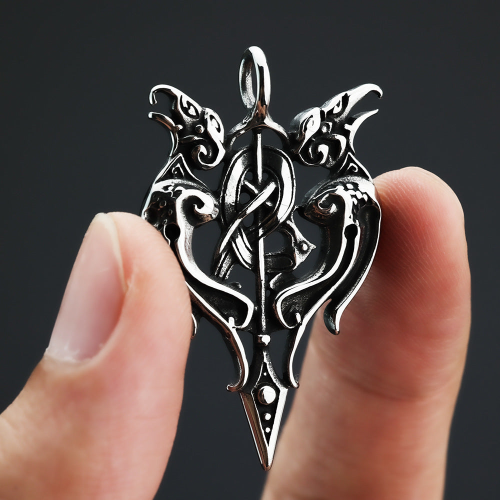 Vintage Antique Oxidized Stainless Steel Men's Norse Viking Twin Raven Celtic Knot Hollow Pendant Necklace
