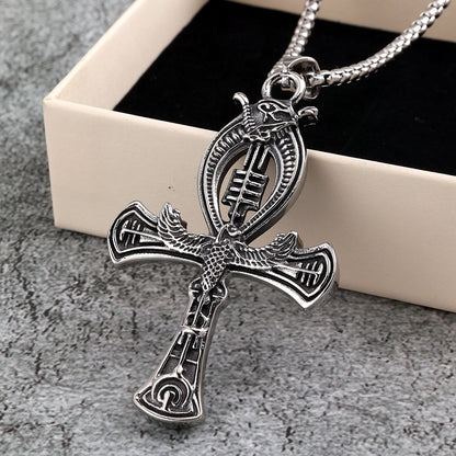 Vintage Stainless Steel Double-sided Egyptian Ankh Cross Pendant Necklace for Men