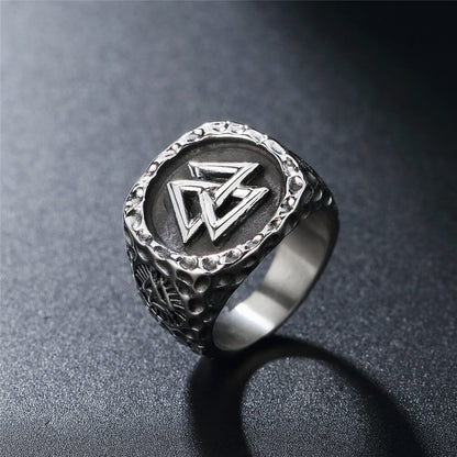 Vintage Solid Stainless Steel Viking Valknut Vegvisir Round Signet Ring for Men