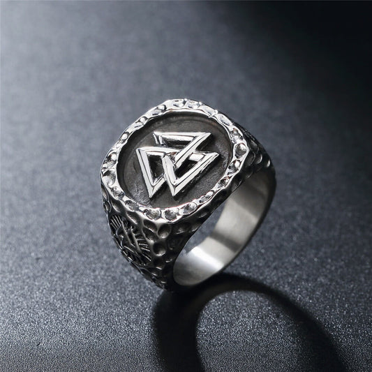 Vintage Solid Stainless Steel Viking Valknut Vegvisir Round Signet Ring for Men