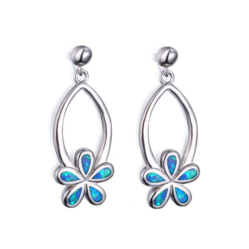 Women's Exquisite Hollow‑Out Floral Dangle Earrings with Blue / Purple / White Opal, with White Gold Plating