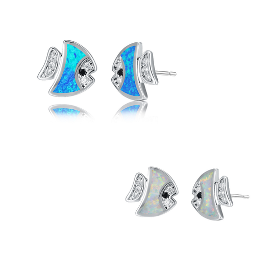 Women's Tropical‑Fish Shape Stud Earrings, Inlaid Zirconia, Blue Opal / White Opal