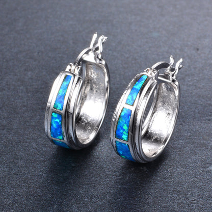 Women's Hoop Huggie Earrings, Center Inlaid White Opal / Blue Opal, with White Gold Plating