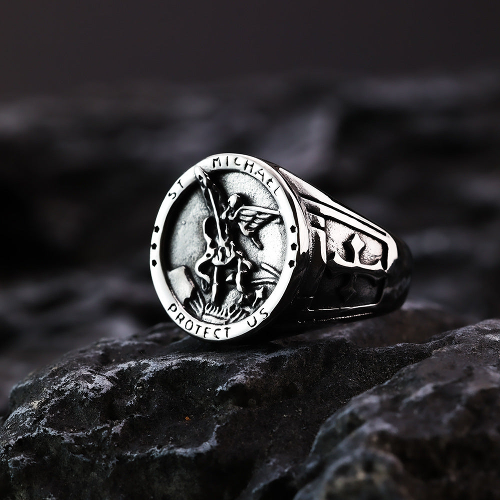 Vintage Solid Stainless Steel Archangel Saint Michael Dragon Slayer Round Signet Ring for Men