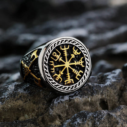 Vintage Nordic Solid Stainless Steel Engraved Axe Viking Compass Ring for Men