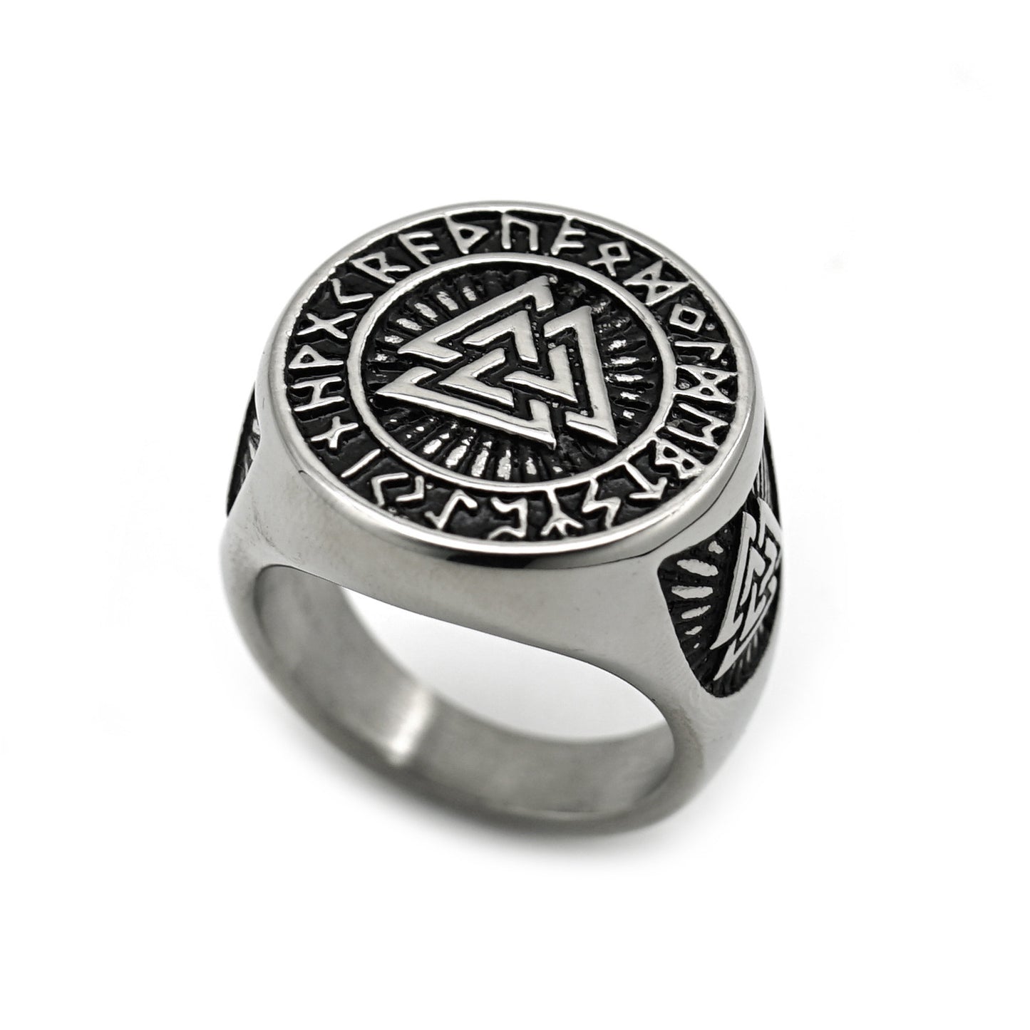 Vintage Nordic Stainless Steel Viking Triangle Symbol Rune Circle Signet Ring for Men