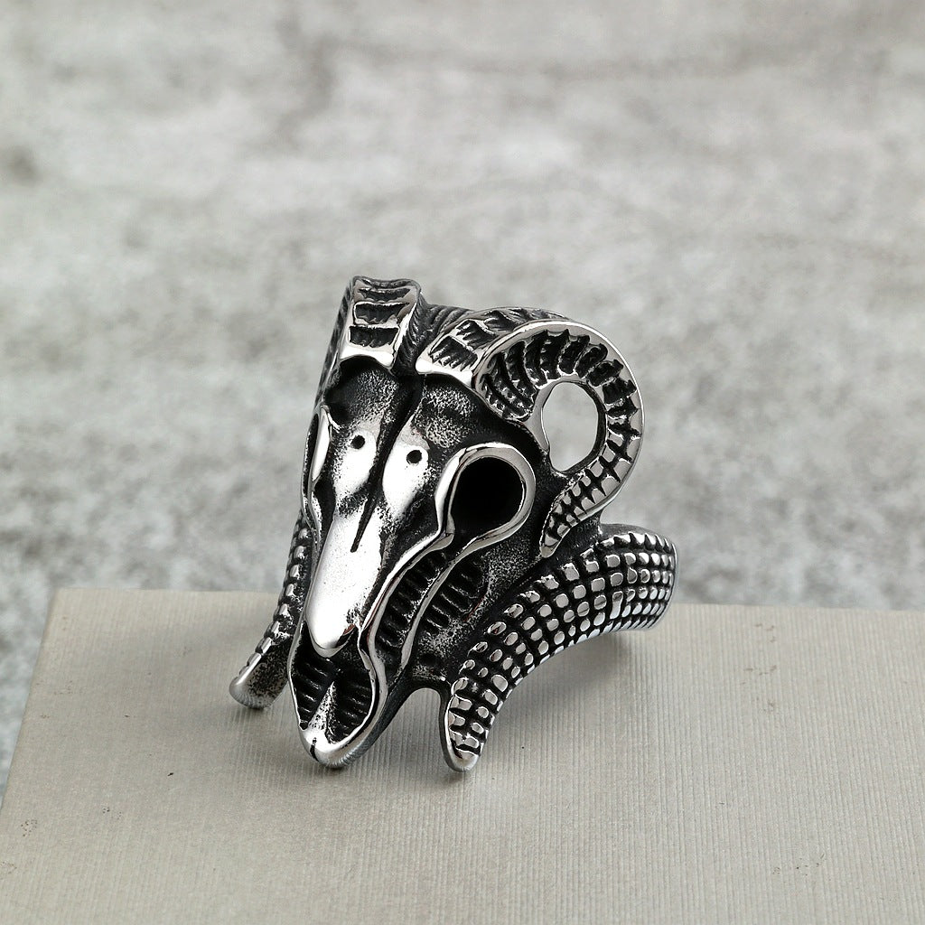 Vintage Solid Stainless Steel Punk Goat Skull Ring for Men