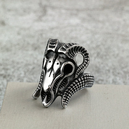 Vintage Solid Stainless Steel Punk Goat Skull Ring for Men