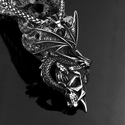 Vintage Stainless Steel Dragon & Skull Pendant Necklace for Men