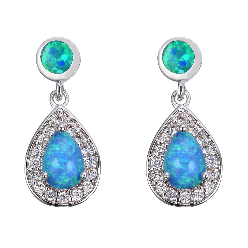 Women's Double Teardrop Halo Zirconia Dangle Earrings Inlaid With Blue & White Opal