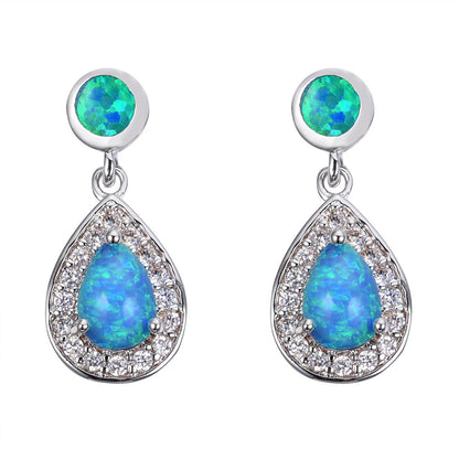Women's Double Teardrop Halo Zirconia Dangle Earrings Inlaid With Blue & White Opal