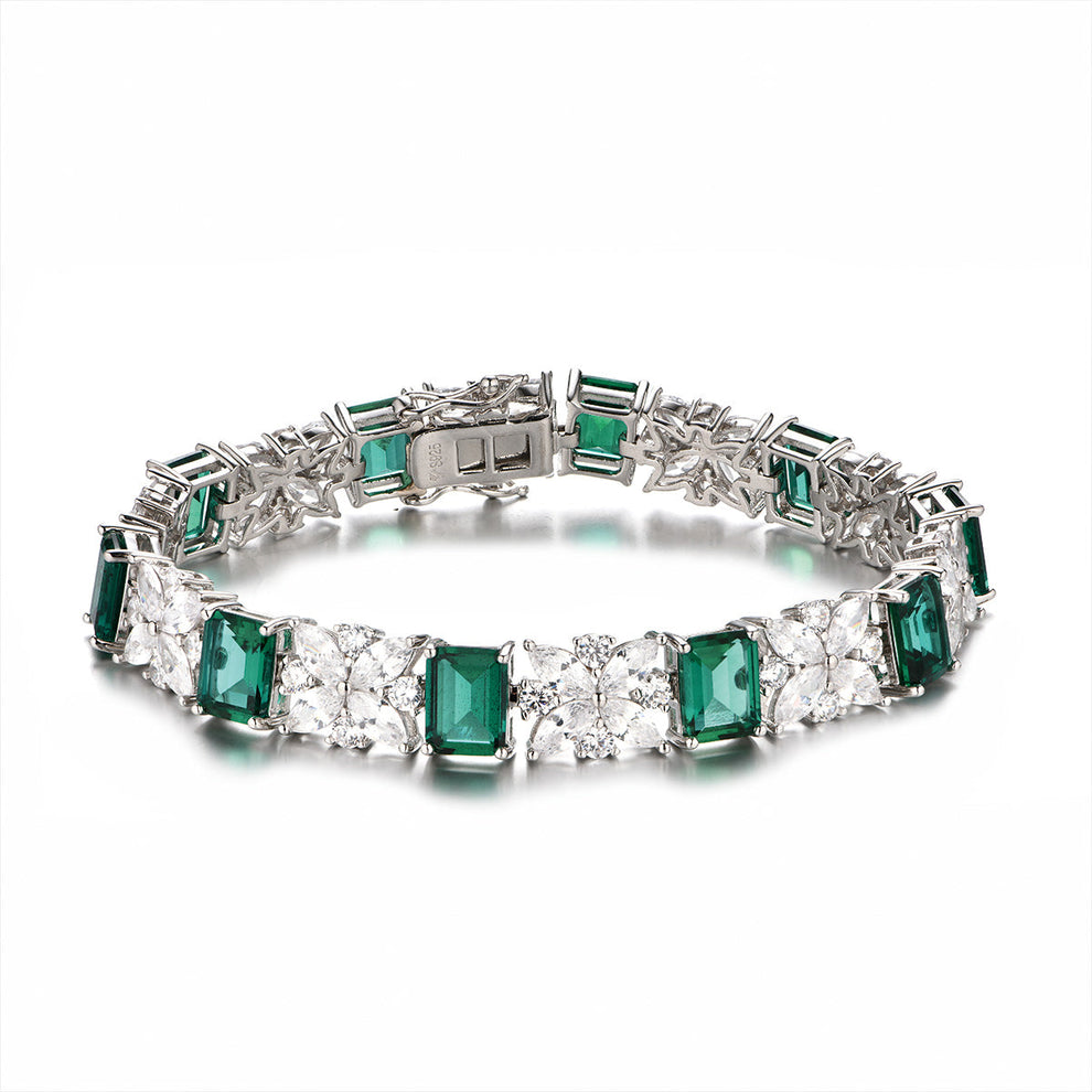 Women's Sterling Silver Emerald Gem Retro Tennis Bracelet with Iris Stones