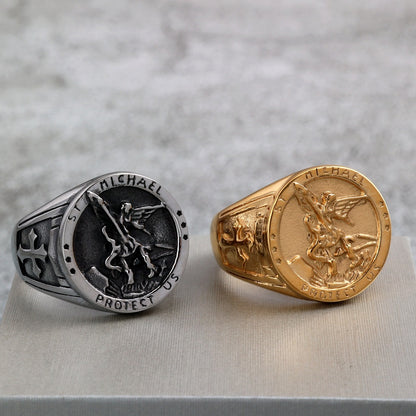 Vintage Solid Stainless Steel Archangel Saint Michael Dragon Slayer Round Signet Ring for Men