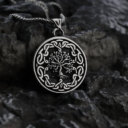 Men's Steel Viking Tree of Life Round Retro Hip Hop Jewelry Pendant Necklace
