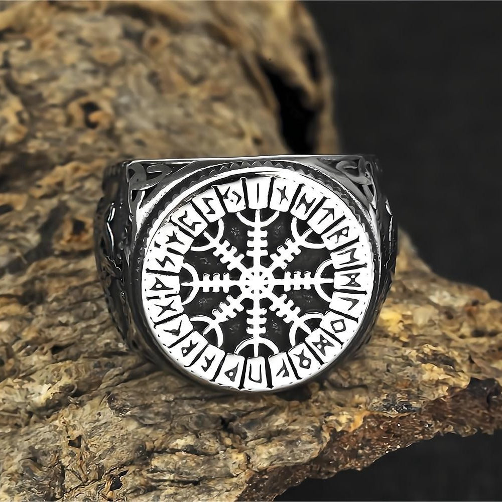 Vintage Stainless Steel Viking Snowflake Compass Rune Ring for Men