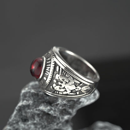 Vintage Solid Stainless Steel Inlaid Red Stone Dual Gun Letter Symbol Band Ring for Men