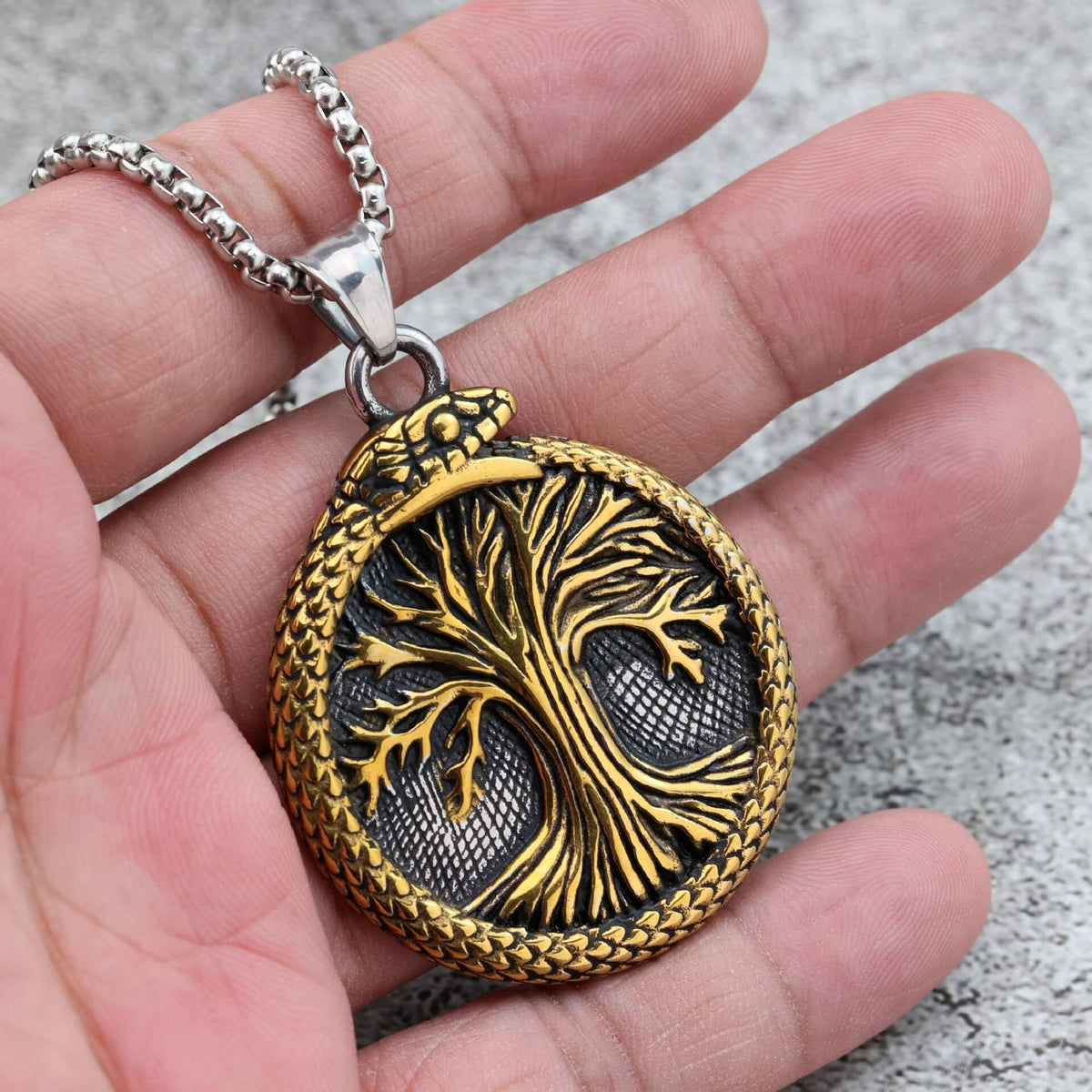 Men's Steel Vintage Ouroboros Tree of Life Round Pendant Necklace